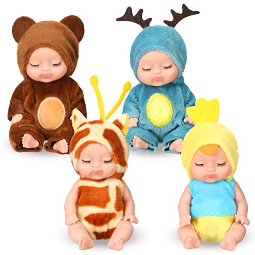 Leitee Mini Reborn Babypuppen 4 Stück 4 Zoll Realistisch Waschbar PVC Set mit Kleidung & Hut für Kinder Puppenhaus Spielzeug von Leitee