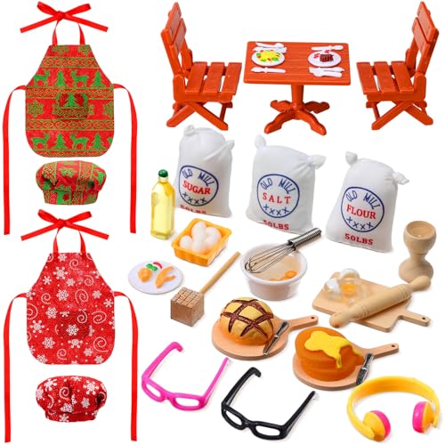 Leitee Weihnachtselfenzubehör, 39-teilig, Elfenpuppe, Bäcker-Outfit, Puppen-Kochzubehör-Set, Mini-Backrequisiten, Miniatur-Weihnachtselfen-Kleidung, Dekorationen für Kinder, Mädchen, Jungen, Geschenk, von Leitee