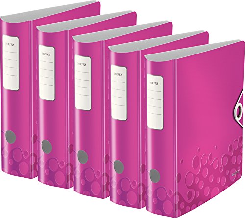 Leitz Für größere Ansicht Maus über das Bild ziehen 5er Pack Wow Multifunktions-Ordner (A4, Runder Rücken 8,2 cm Breite, Gummibandverschluss, Kunststoff) (breit, pink metallic) von Leitz