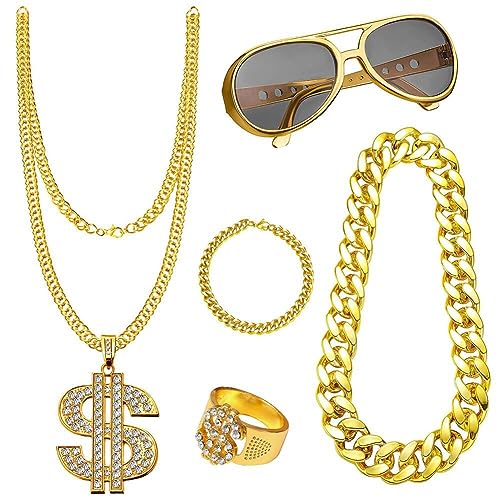 5 Stück Hip Hop Kostüm Set, 80er Jahre Herren Outfit für Fasching, Karneval Cosplay Kostüm Set mit goldener Dollarkette, Dollar Ring, Hip Hop Armband, Retro Sonnenbrille, Hip Hop Schmuck Zubehör von Lelang