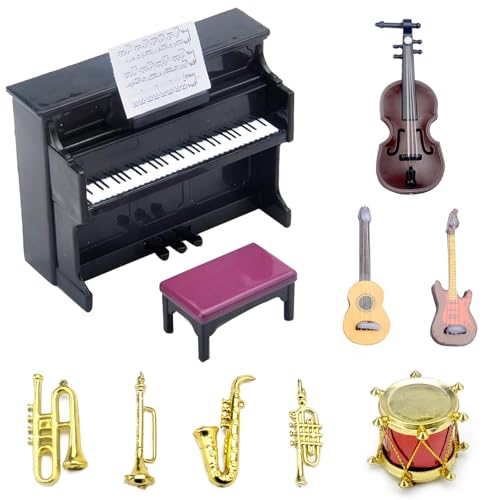 Lelang 11 Stück Miniatur Musikinstrumente Set, Puppenhaus Mini Musikinstrumenten Modell, 1:12 Geige Klavier E-Gitarre Trompete Saxophon Modell Zubehör, Miniatur Puppenhaus für Mini Musikzimmer von Lelang