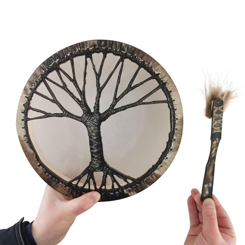 Lembeauty Handtrommeln für Erwachsene, Handtrommel mit Stock | Handtrommeln für Kinder mit Stick,Handgefertigte Trommel im Retro-Baum-Design mit Stock, kleine runde Handtrommeln, Vintage-Trommeldekor von Lembeauty