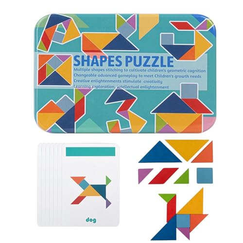 Lembeauty Holzmusterblöcke-Set,Holzmusterblöcke - Tangram-Puzzle mit geometrischen Formen,Pädagogisches -Tangram-Spielzeug für Kinder im Alter von 3–5 Jahren mit Karten von Lembeauty