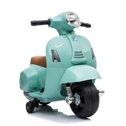 LEMODO Elektrofahrzeug Vespa in grün, Kinder Motorrad ab 18 Monate, Elektromotorrad mit Licht und Sound, Kinderroller mit abnehmbaren Stützrädern, Lizenziertes Kinderfahrzeug von Lemodo