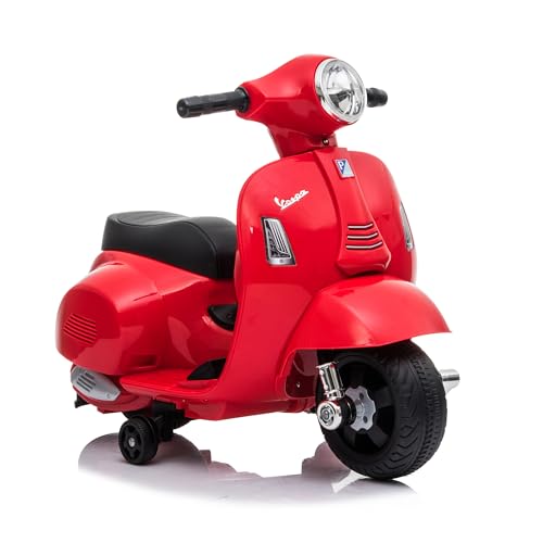 LEMODO Elektrofahrzeug Vespa in rot, Kinder Motorrad ab 18 Monate, Elektromotorrad mit Licht und Sound, Kinderroller mit abnehmbaren Stützrädern, Lizenziertes Kinderfahrzeug von Lemodo