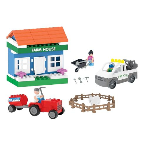 Lemodo Klemmbausteine Set, Bauernhof mit Traktor und Fahrzeuge, Bausteine und Fahrzeuge, Große Bausteine für kleine Kinderhände, Bunte Bauklötze aus Plastik, Spielzeug für Kinder von Lemodo