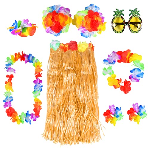 Lemotoy 8 Stück Hawaii Party Kostüme Set, Hawaii Rock Set, 60cm Hawaiian Gras Hula Rock mit Halskette Armbänder Stirnband Blume BH Haarblume und Ananas Sonnenbrille für Beachparty Deko von Lemotoy