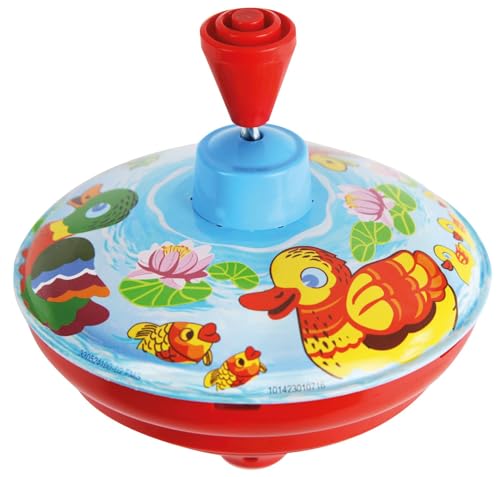 Lena 52410 Brummkreisel Enten Ø 14 cm, Metall Schwungkreisel aus Blech, klassischer Pumpkreisel, Blechkreisel mit Tier Motiv, Kreisel mit Standspitze, Spielzeugkreisel für Kinder ab 18 Monate, Bunt von Lena