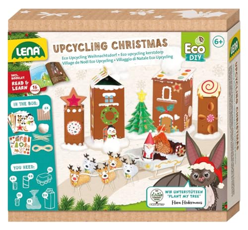 LENA 42840 Eco Upcycling Weihnachts-Bastelset für Kinder ab 6 Jahren, Komplettset mit Watte, Stickern und anderen Bastelutensilien, Storybook mit Anleitung zum Deko Basteln, 18,5 x 4 x 17 cm von Lena