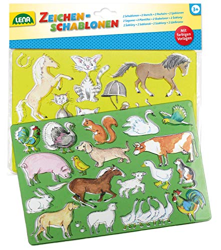 Lena 65767 Pferde/Katzen und Bauernhoftiere, 2er Set, je ca. 26 x 19 cm Zeichenschablonen, Mehrfarbig, S von Lena