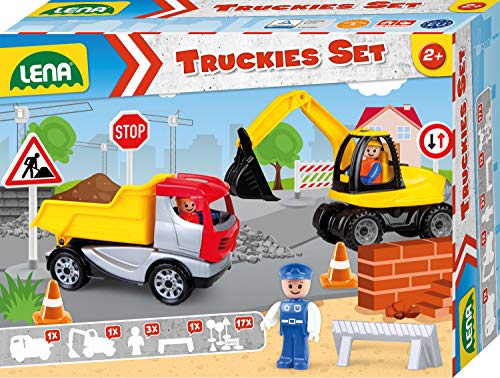 Lena 01631 - Truckies Set Baustelle 23 teilig, Inhalt: Muldenkipper LKW ca. 22 cm, Bagger ca, 25 cm, 3 Spielfiguren und 17 Verkehrsschilder & Pylone, Baufahrzeuge & Figuren für Kinder ab 2 Jahren von Lena