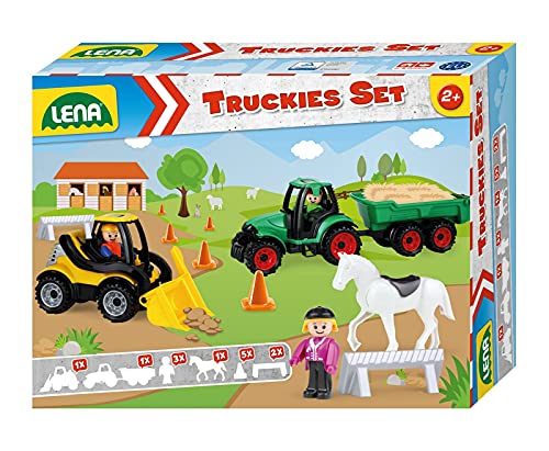 Lena 01632 - Truckies Set Bauernhof 13 teilig, Inhalt: Traktor mit Anhänger ca. 36 cm, Radlader ca. 21 cm, 3 Spielfiguren, 1 Pferd, 2 Baken & 5 Pylone, Nutzfahrzeuge & Figuren für Kinder ab 2 Jahren von Lena