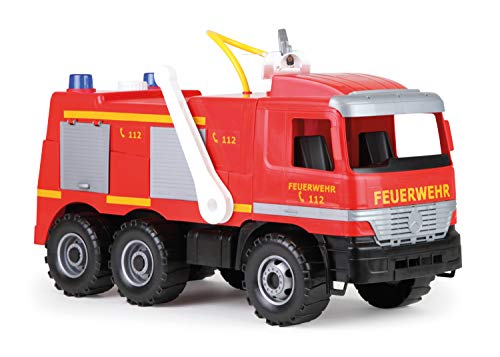 Lena 02058 - Starke Riesen Feuerwehr Mercedes Benz Actros, ca. 65 cm,großes Feuerwehrauto mit 3 Achsen, 1,5 Liter Wassertank, Wasserkanone bis 8 Meter, robustes Spielfahrzeug für Kinder (3 Jahre), Rot von Lena