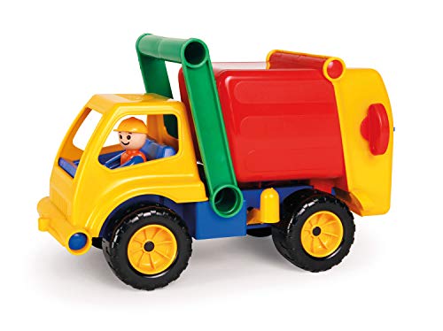 Lena 04356 Aktive Müllwagen LKW, Müllfahrzeug ca. 30 cm, robustes Müllauto mit verriegelbarem Müllbehälter, 1 Mülltonne und beweglicher Spielfigur im Spiele Set, Spielfahrzeug für Kinder ab 2 Jahre, Gelb/Rot von Lena