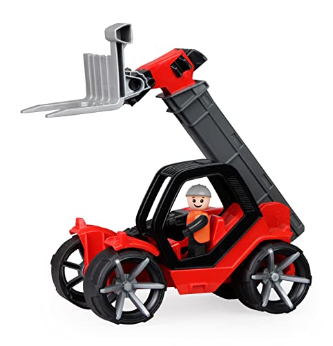 Lena 04513 TRUXX² Teleskoplader, Baustellenfahrzeug ca. 35 cm, robuster Telehandler mit funktionstüchtiger Gabel und vollbeweglicher Spielfigur, für Kinder ab 2 Jahre, Spielfahrzeug, Rot/Schwarz von Lena