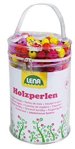 Lena 32004 - Bastelset Holzperlen in Tasche, mit 400 Fädelperlen, 5 Anhänger und 6 Schnüre, pink, Holzfädelperlen Set für Kinder ab 4 Jahre, Perlen Set zum selber gestalten von Schmuckketten von Lena