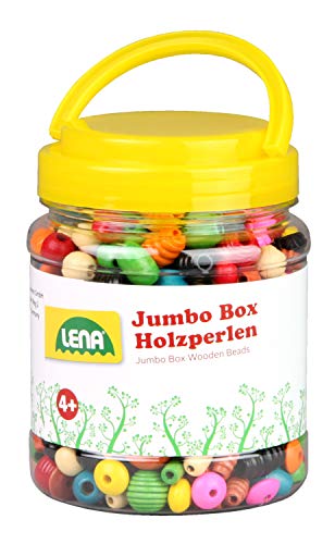 Lena 32044 - Bastelset Holzfädelperlen in Jumbo Box, mit Fädelperlen aus Holz, ca. 2 cm groß, Holzperlen Mix Set für Kinder ab 4 Jahre, Perlen zum Selberbasteln von Ketten und Fädeln von Perlenschmuck, Mittel von Lena