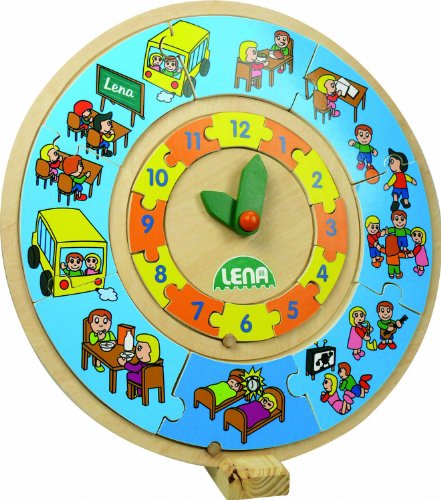 Lena 32171 Puzzle Lernuhr ca. 26 cm aus FSC 100% Holz, Kinderuhr zum Uhr Lernen, Puzzleuhr als Lernspiel, Holzuhr für Kinder ab 3 Jahren, Mehrfarbig von Lena