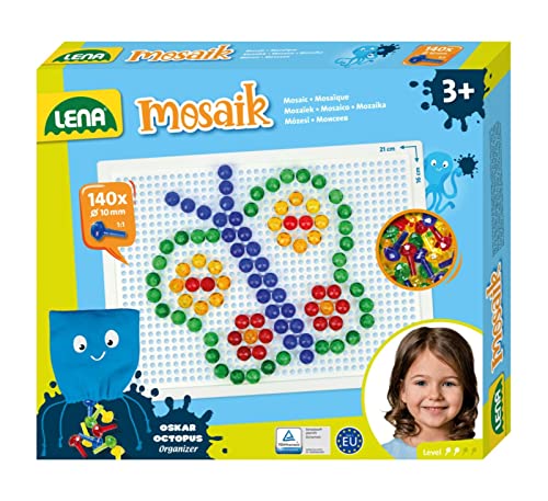 Lena 35621 - Mosaik Steckspiel Set, Steckmosaik mit 140 Stecker Ø 10 mm für Kinder ab 3 Jahre, mit Steckplatte ca. 21 x 16 cm und Organizer, bunt von Lena