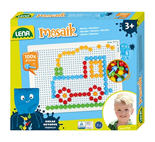 Lena 35623 - Mosaik Steckspiel Set, Steckmosaik mit 100 farbigen Stecker, Mosaikstecker Ø 10 mm, Mosaikspiel für Kinder, Komplettset mit Steckplatte ca. 21 x 16 cm und Organizer, bunt, Mittel von Lena