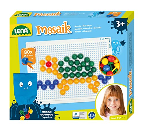 Lena 35624 - Mosaik Steckspiel Set, Steckmosaik mit 80 farbigen Stecker, Mosaikstecker Ø 15 mm, Mosaikspiel für Kinder ab 3 Jahre, Komplettset mit Steckplatte ca. 21 x 16 cm und Organizer, bunt, Mittel von Lena