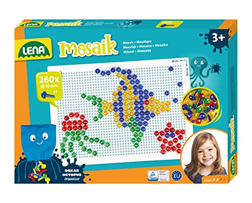 Lena 35626 - Mosaik Steckspiel Set, Steckmosaik mit 260 transparente Stecker, Mosaikstecker Ø 10 mm, Mosaikspiel für Kinder ab 3 Jahre, Komplettset mit Steckplatte ca. 28 x 19,5 cm und Organizer, bunt von Lena