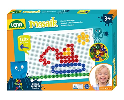 Lena 35627 - Mosaik Steckspiel Set, Steckmosaik mit 120 transparente Stecker, Mosaikstecker Ø 15 mm, Mosaikspiel für Kinder, Komplettset mit Steckplatte ca. 28 x 19,5 cm und Organizer, Mittel von Lena