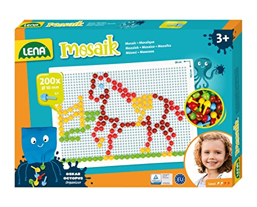 Lena 35628 Mosaik Steckspiel Set, Steckmosaik mit 200 Stecker, Mosaikstecker Ø 10 mm, Mosaikspiel für Kinder ab 3 Jahre, Komplettset mit Steckplatte ca. 28 x 19,5 cm und Organizer, bunt, Mehrfarbig, Mittel von Lena