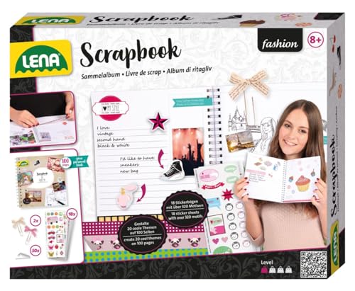 Lena 42332 Bastelset DIY Scrapbooking Sammelalbum, Scrapbook Fotobuch mit 100 Seiten, 50 Fotoecken, 2 Schleifenklammern und 18 Stickerbögen, für Kinder ab 8 Jahre, Mittel von Lena