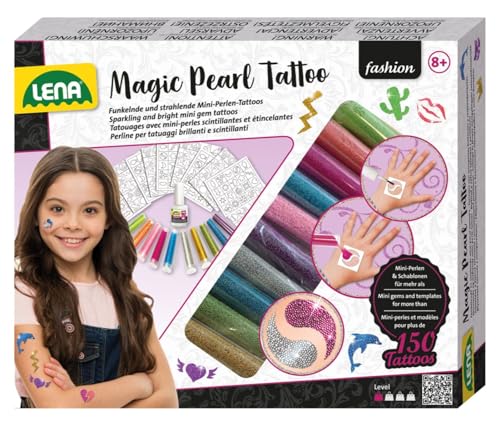 Lena 42442 - Fashion Magische Perlen Tattoo, Bastelset zum Stylen mit Miniperlen in 10 Farben für 150 Tattoos, 200 Schablonen, Mode Set Magic Pearls, abwaschbarer Körperschmuck für Kinder ab 6 Jahren, Mittel von Lena