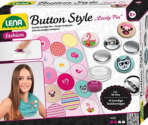 Lena 42564 - Bastelset Button Style Lovely Pin, Komplettset für Coole Buttons mit 10 Metall Knöpfe, Werkzeug, 14 Textilvorlagen Tieren, Fashion Mode Set für Kinder ab 8 Jahre von Lena