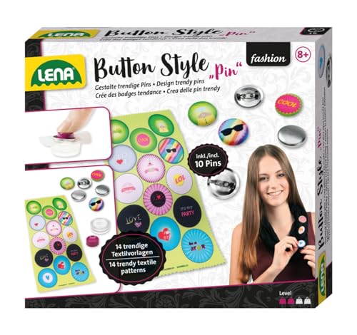 Lena 42566 - Bastelset Button Style Pin, Komplettset für coole Buttons mit 10 Metall Knöpfe, Werkzeug, 14 Textilvorlagen mit tollen Designs und Sprüchen, Fashion Mode Styling Set für Kinder ab 8 Jahre von Lena