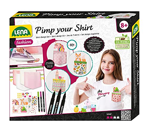 Lena 42599 - Bastelset Pimp Your Shirt, Komplettset mit 4 Brusttaschen, 3 Textilstifte, Dekobändern und vielen Bügelfolien, Mode Styling Set für Kinder ab 8 Jahre, Fashion mit Anleitung, Mehrfarbig, Mittel von Lena