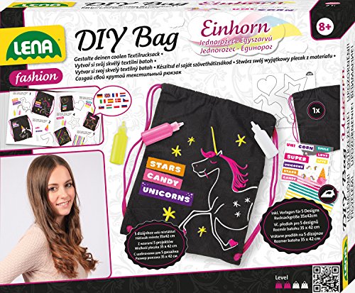 Lena 42607 Bastelset DIY Rucksack Einhorn, Komplettset mit Leinenrucksack ca. 35 x 42 cm, 3 Textilstifte, 3 Schablonen und Bügelfolien, Mode Styling für Kinder ab 8 Jahre, Fashion Set mit Anleitung von Lena