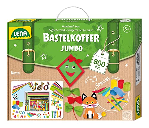 Lena 42629 Bastelkoffer mit vielfältigem Material zum Basteln, mit Moosgummi, Buntpapier, Perlen, Pompon, Satinbänder, Knöpfe, Kulleraugen und vielem mehr, ab 5 Jahre, Jumbo 800er Bunt, 800 Teile von Lena