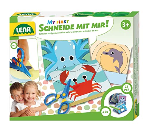 Lena 42632 My First Bastelset Schneide mit Mir Meerestiere, Komplettset mit Kunststoff Kinderschere, 26 lustige Tiere zum Ausschneiden und Ausmalen, Bastel Set und Malset für Kinder ab 3 Jahre, Mittel von Lena