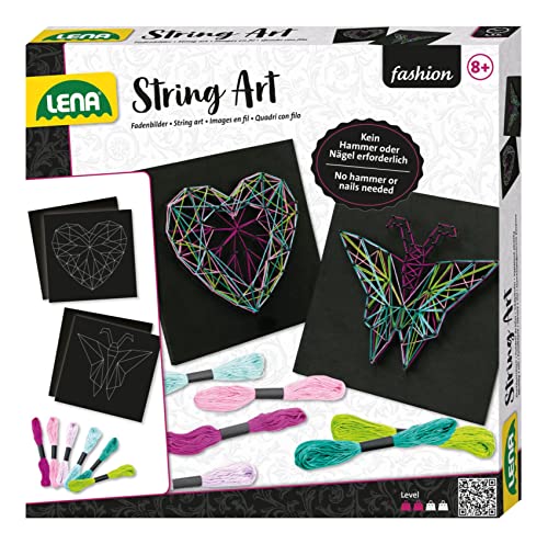 Lena 42650 - Bastelset String Art Schmetterling und Herz, Komplettset für 2 Fadenbilder, mit 2 Grundplatten, ca. 21, 5 x 21, 5 x 1 cm, Stecknadeln und 6 farbige Garnen, Set für Kinder ab 8 Jahre von Lena