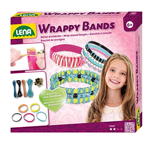 Lena 42652 - Bastelset Wrappy Bands, Komplettset für mindestens 3 Wickelarmbänder mit 7 Silikonbänder in 5 Farben, Kordel in 4 Farben und 48 Fädelperlen, Schmuckbastelset für Kinder ab 6 Jahre von Lena