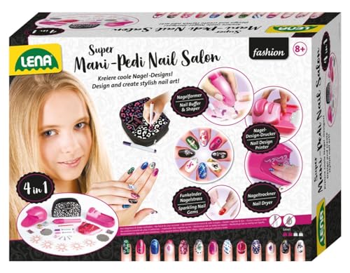 Lena 42654 Mani-Pedi Nail Salon Nagelstudio Kinder Kreativset für Mädchen ab 8 Jahren - Nagelset für stylische Nail Art inkl. Nagelformer, Nagel-Design-Drucker, Strass & Nageltrockner von Lena