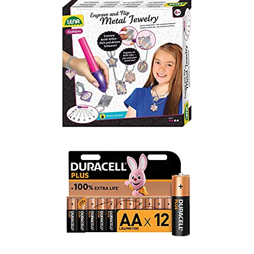 Lena 42655 Engraver's Jewelry Studio, Schmuckstudio, Gravurstudio für Kinder ab 9 Jahre, Set mit batteriebetriebenen Gravierer, Leim, Silber + Duracell Plus AA Alkaline-Batterien, 12er Pack von Lena