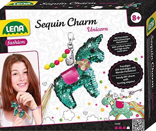 Lena 42660 Bastelset Sequin Charm Einhorn, Komplettset für 1 Pailletten Glücksbringer/Schlüsselanhänger mit Kunstleder Bändchen, Perlen, Nadel, Füll Wolle und Anleitung, Set für Kinder ab 8 Jahre, grün von Lena