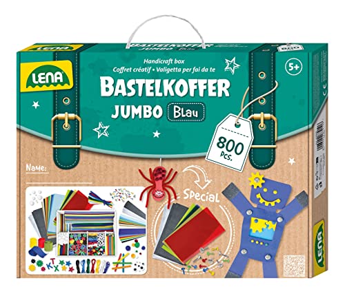 Lena 42665 Bastelkoffer mit 800 Teile Farben, Material zum Basteln, mit Moosgummi, Buntpapier, Pompon, Bänder, Kulleraugen, Holzstiele und vielem mehr, ab 5 Jahre, Jumbo Kräftig von Lena