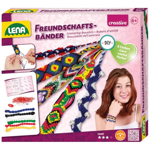 Lena 42686 Bastelset Freundschaftsbänder, Komplettset mit Garn in 6 Farben und extra vielen Fädelperlen, Knüpfset für Kinder ab 6 Jahre, Schmuckbänder Set mit Anleitung zum Flechten von Armbändern von Lena