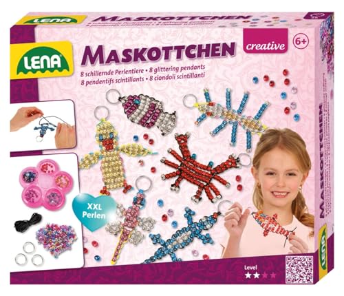 Lena 42690 Maskottchen groß - Lena Maskottchen Perlentiere Bastelset ab 6 Jahren, Mit 740 x Bastelperlen und 8 x Schlüsselringen, Schlüsselanhänger mit Perlen basteln von Lena