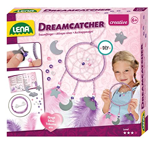 Lena 42699 - Bastelset Dreamcatcher, Komplettset zum Traumfänger basteln mit Metallring, farbiger Papier - Kordel, Leim, Faden, Federn und Anhänger Wolke, Mond und Stern, Set für Kinder ab 6 Jahre von Lena