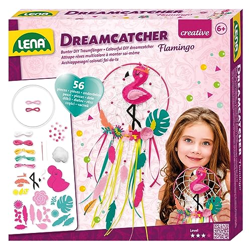 Lena 42700 Bastelset Dreamcatcher Flamingo, 56 Teile Komplettset zum Traumfänger basteln mit Ring, farbige Bänder & Schnüre, Kunststoff Nadel, Perlen und Stoff Blumen, Set für Kinder ab 6 Jahre, Pink von Lena