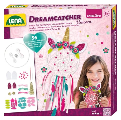 Lena 42701 - Bastelset Dreamcatcher Einhorn, 56 Teile Komplettset zum Traumfänger basteln mit Ring, farbige Bänder & Schnüre, Kunststoff Nadel, Perlen und Stoff Blumen, Set für Kinder, Mittel von Lena