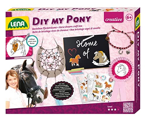 Lena 42705 - XXL Bastelset DIY My Pony, Komplettset für Hufeisen Traumfänger, Pferde Armband, Anstecker Abzeichen, Tafel mit Kreide und Sticker Set, Do it yourself Kreativset für Kinder ab 6 Jahre von Lena