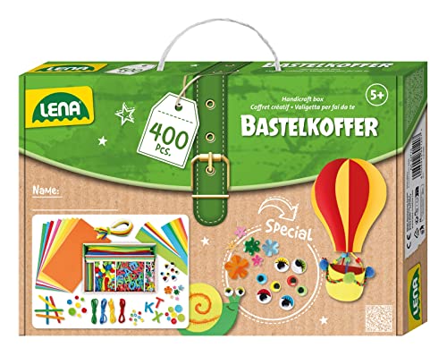 Lena 42713 Bastelkoffer Teile, Material zum Basteln Papier, Moosgummi, Pfeifenreiniger, Wackelaugen, Pompons, Eisstiele, Knöpfe und mehr, für Kinder ab 5 Jahre, 400er Bunt von Lena