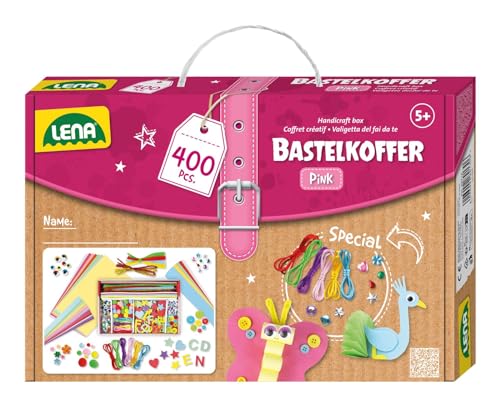 Lena 42714 Bastelkoffer Teile, Material zum Basteln mit Buntem Papier, Moosgummi, Pfeifenreiniger, Strasssteine, Wackelaugen, Pompons, Knöpfe und mehr, für Kinder ab 5 Jahre, 400er Pink & Lila von Lena